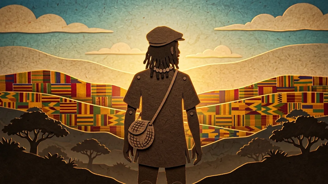 TINKPANDO video thumbnail: a figure facing away in a patterned West African landscape